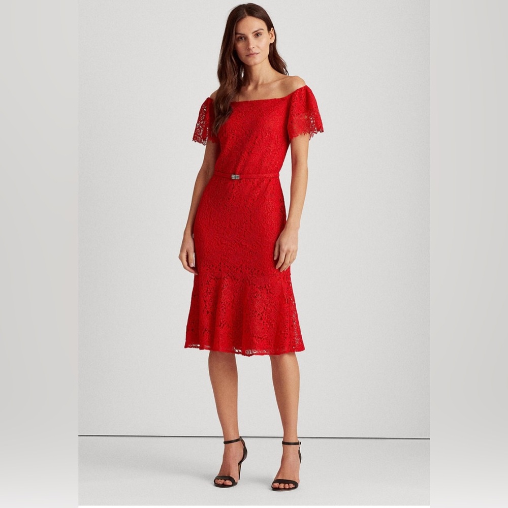 Ralph Lauren Off-The-Shoulder Lace Drop-Waist Dress